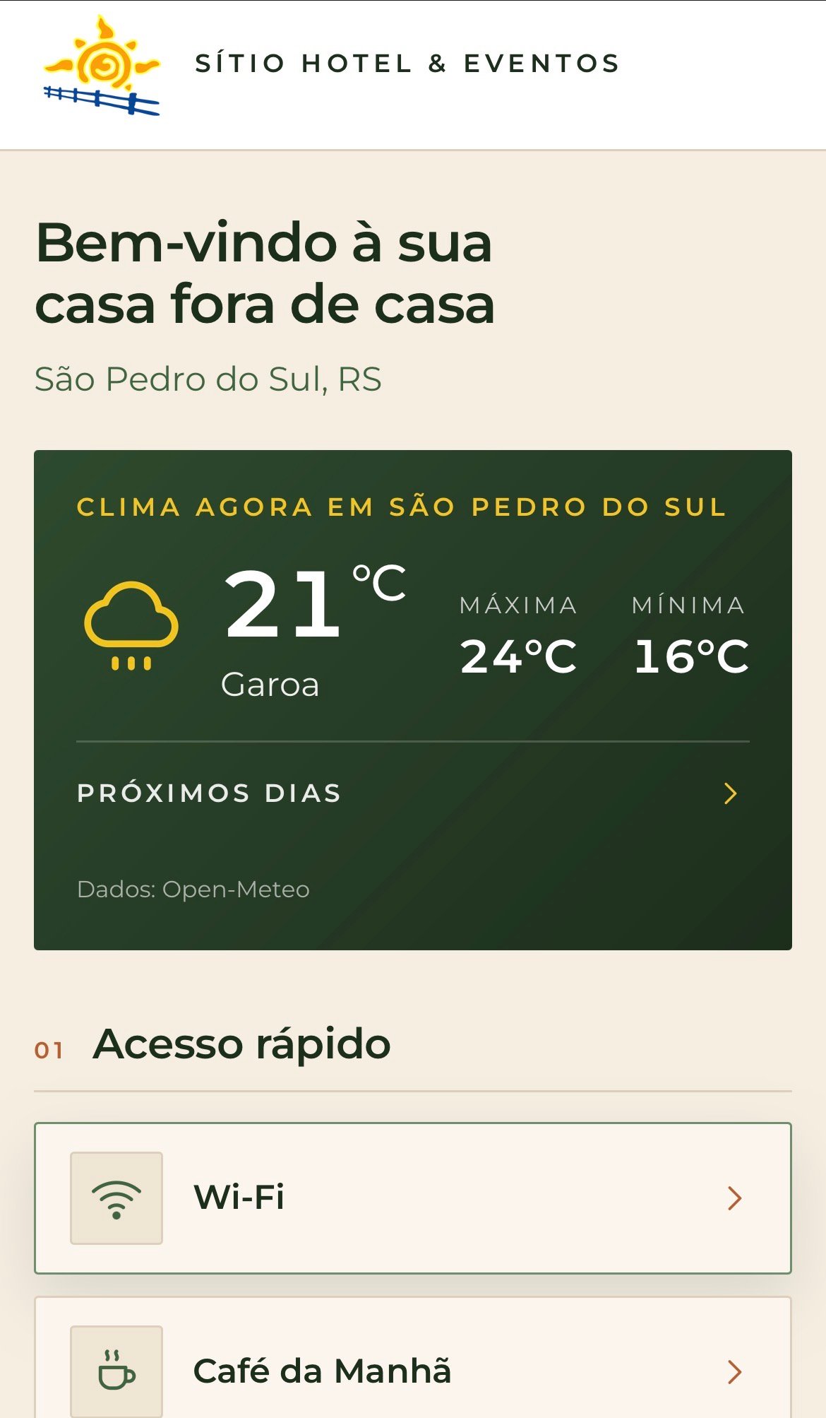 Guia digital do Sítio Hotel & Eventos no celular, com boas-vindas, clima e acesso rápido