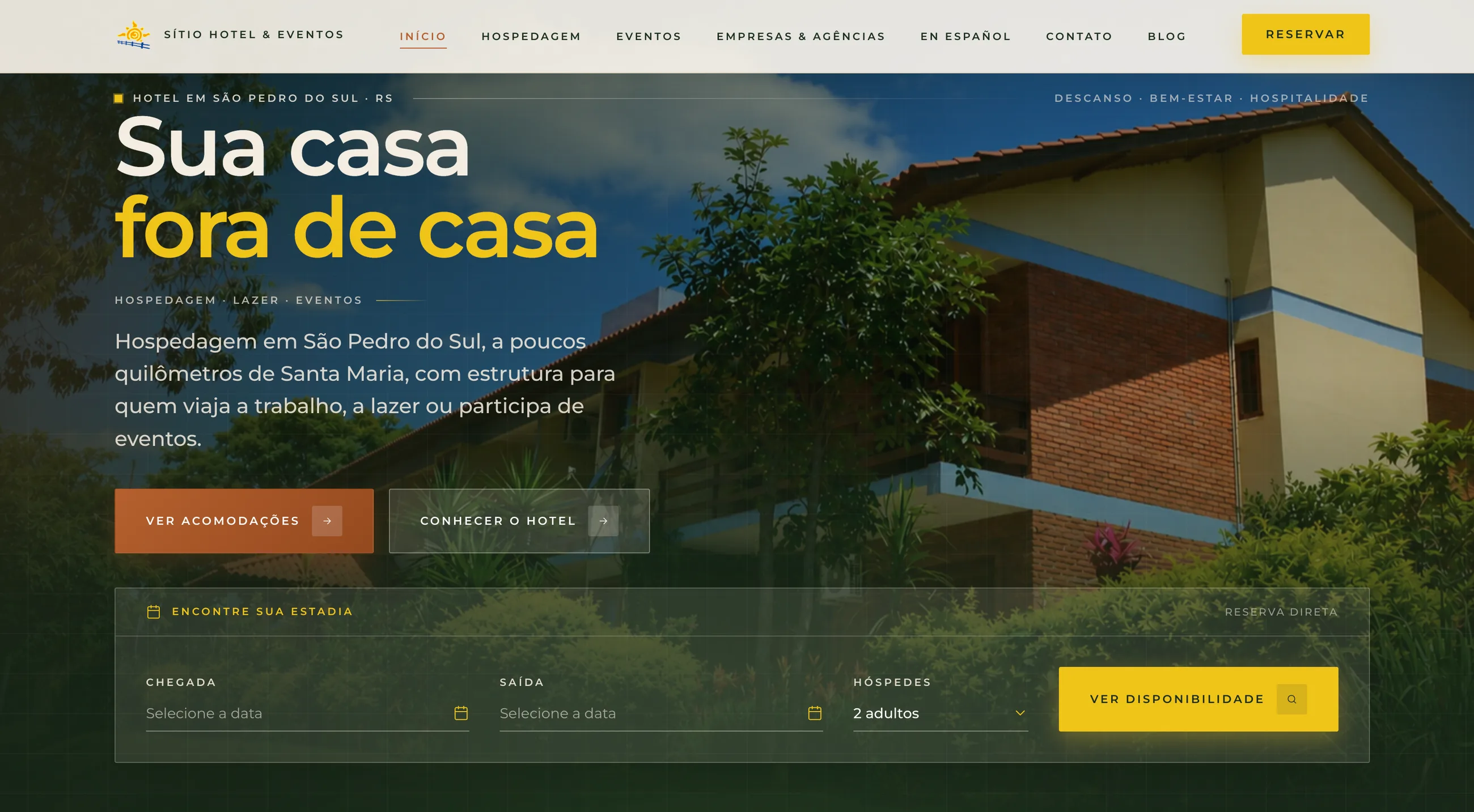 Página inicial do site do Sítio Hotel & Eventos